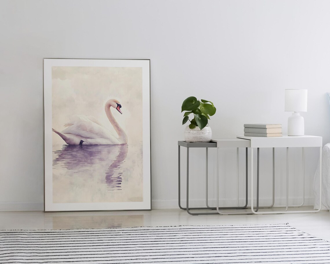 Graceful White Swan on Still Water Serene Watercolor Art Poster - Image 2