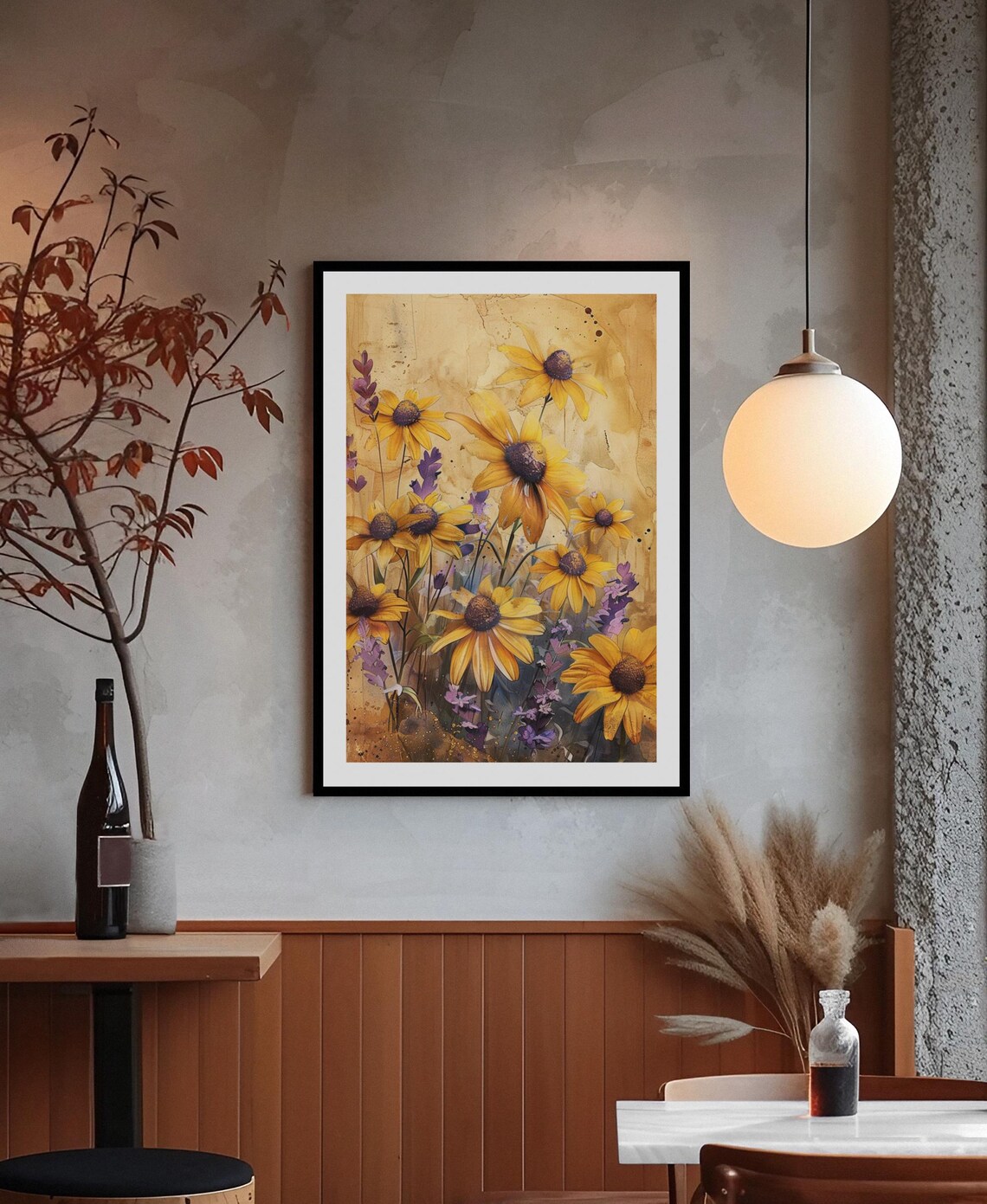 Sunflower Watercolor With Purple Wildflowers Golden Floral Poster