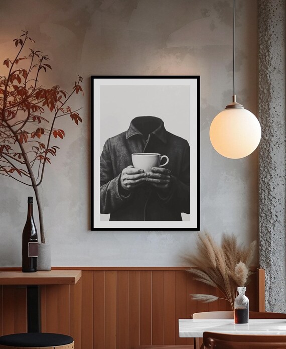 Surreal Headless Coffee Art Print Black White Modern Minimalist Wall Art For Unique Abstract Decor