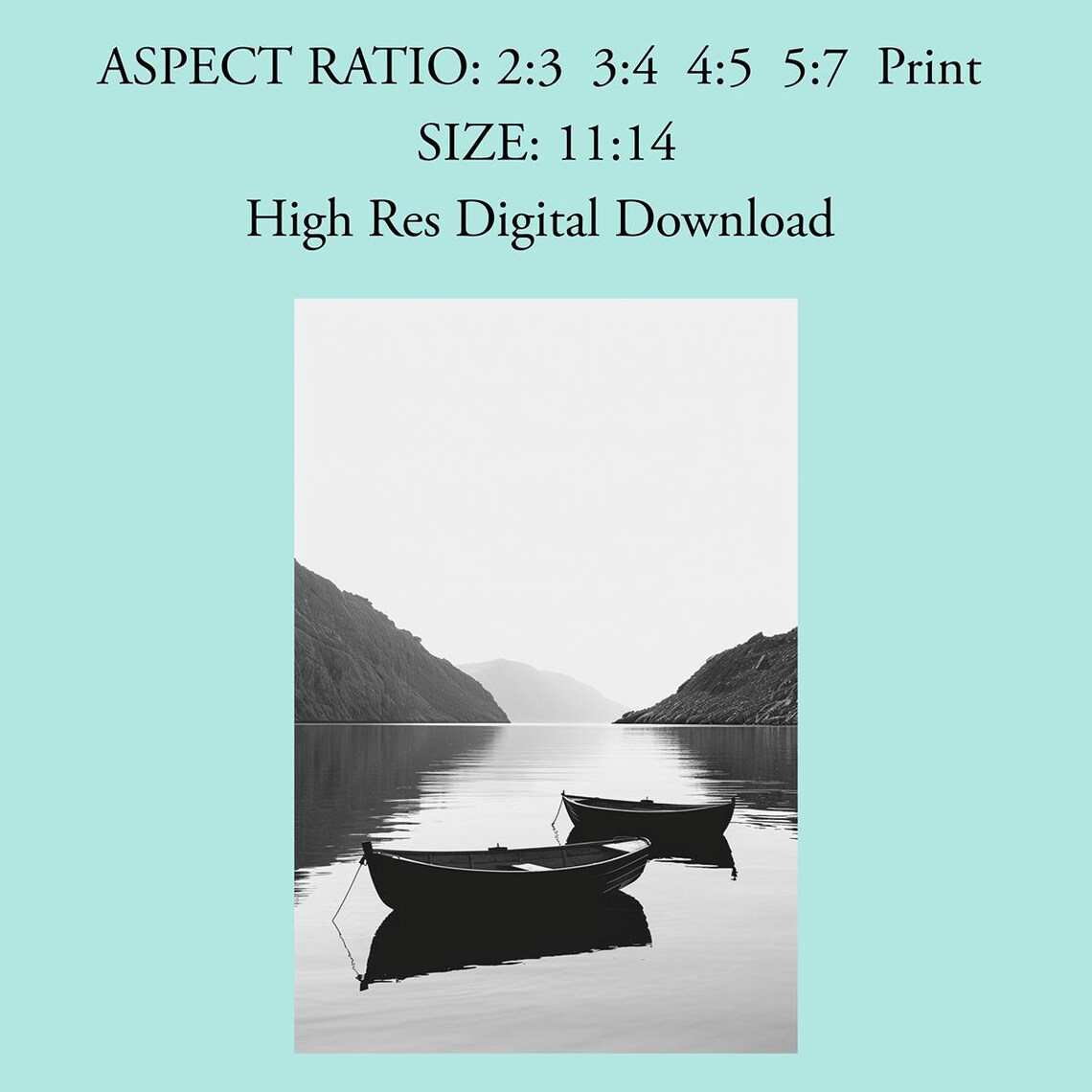 Two Rowboats on Misty Black and White Mountain Lake Art Poster - Image 4