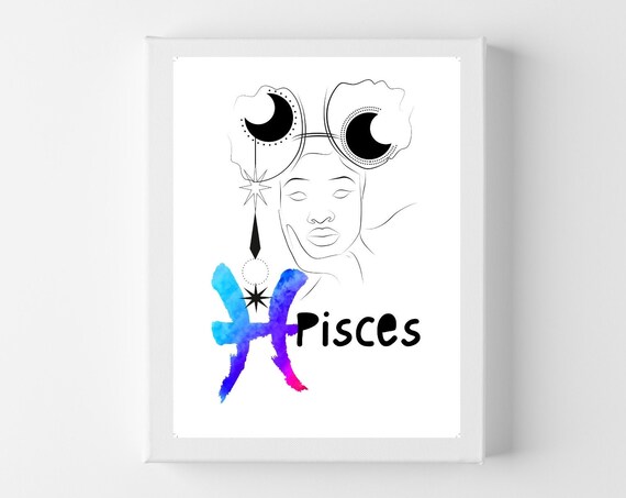 Pisces Zodiac Line Art Woman Watercolor Fish Glyph Star Sign Poster