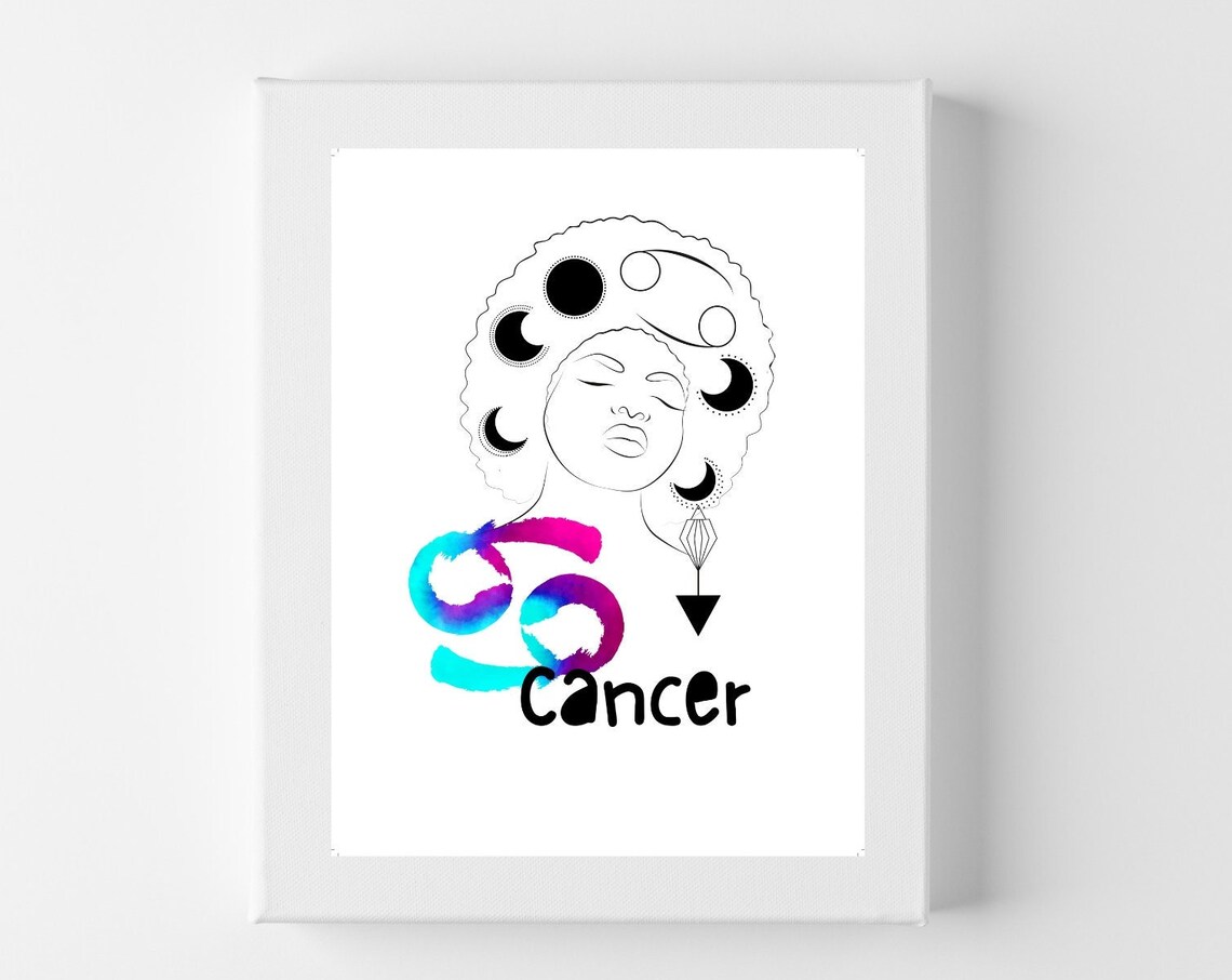 Cancer Zodiac Line Art Woman Moon Phases Watercolor Star Sign Poster