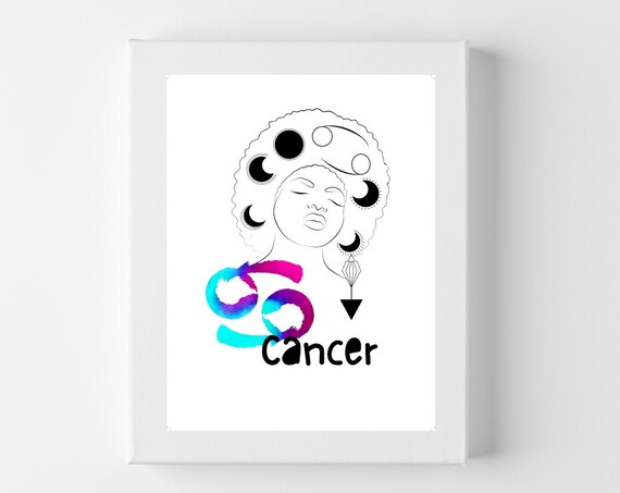 Cancer Zodiac Line Art Woman Moon Phases Watercolor Star Sign Poster
