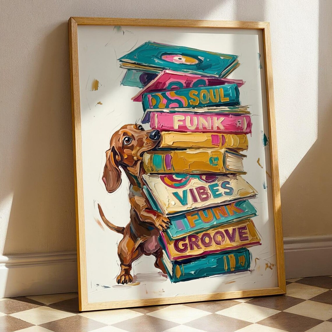 Dachshund Carrying Vinyl Records Stack Soul Funk Groove Dog Poster