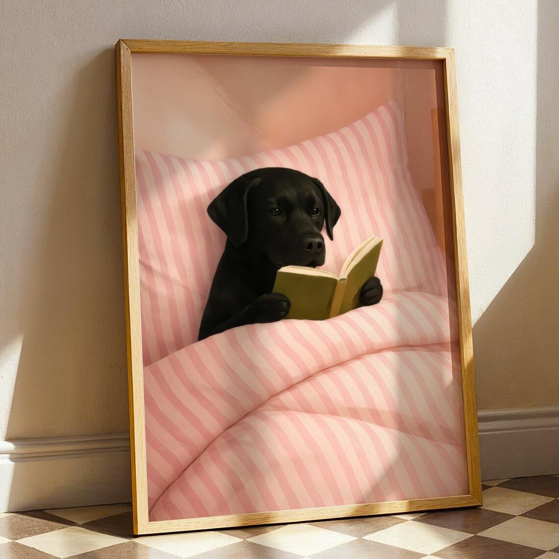Black Labrador Reading In Bed Pink Stripes Cozy Nursery Dog Poster