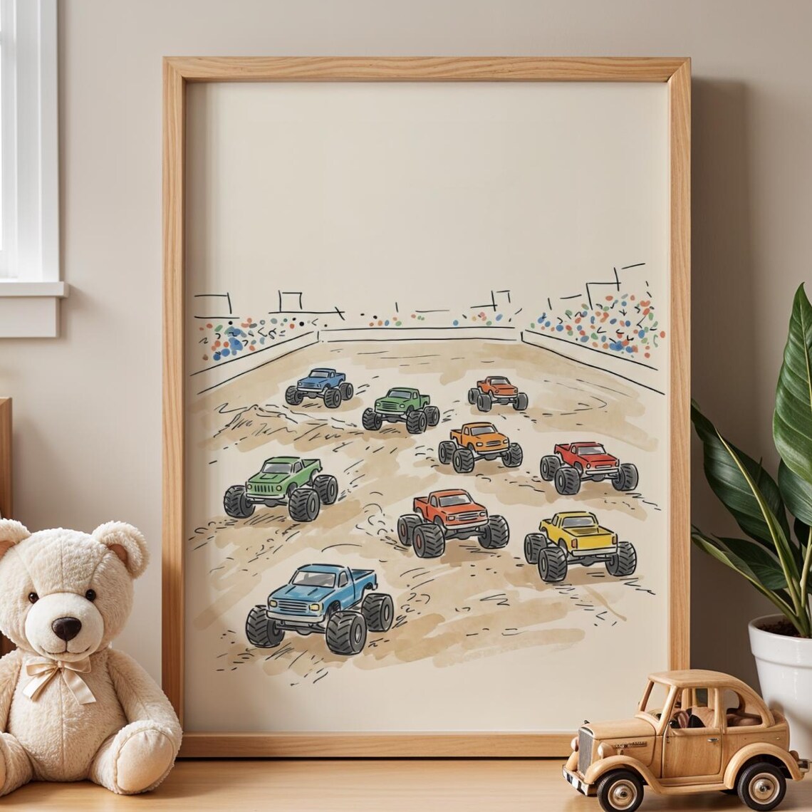 Monster Truck Race Watercolor Storybook Boys Nursery Room Decor Poster