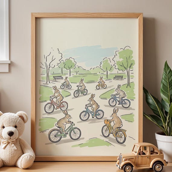 Whimsical Bunny Nursery Art Print Storybook Rabbit Bicycle Parade Woodland Baby Room Decor Cottagecore Kids Poster Digital Download
