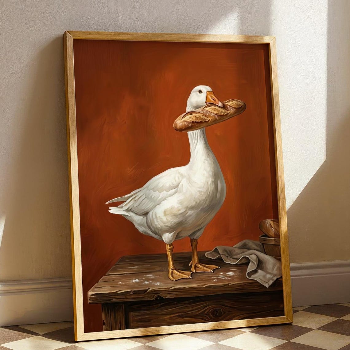 Goose Carrying Baguette Poster Funny French Bakery Animal Artwork
