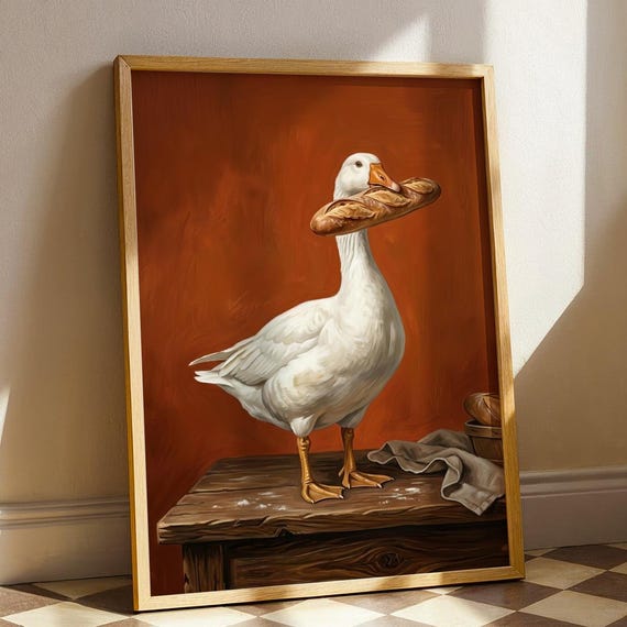 Goose Baguette Art Print Funny French Dining Room Decor Vintage Bakery Whimsical Poster Maximalist Paris Cafe Digital Download