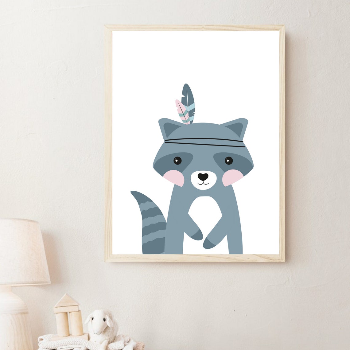 Cute Cartoon Raccoon With Feather Headband Nursery Decor Poster - Image 5