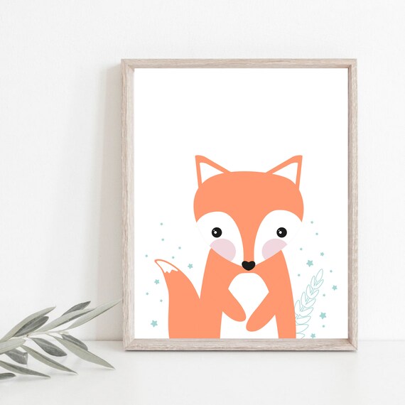 Cute Orange Fox Nursery Poster Woodland Animal Baby Room Decor