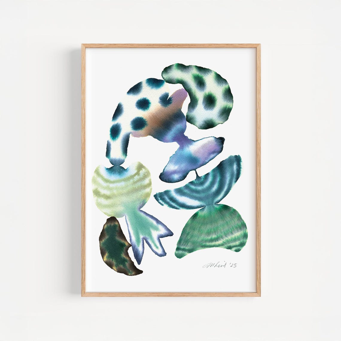Teal Blue Organic Watercolor Shell Inspired Forms Art Poster