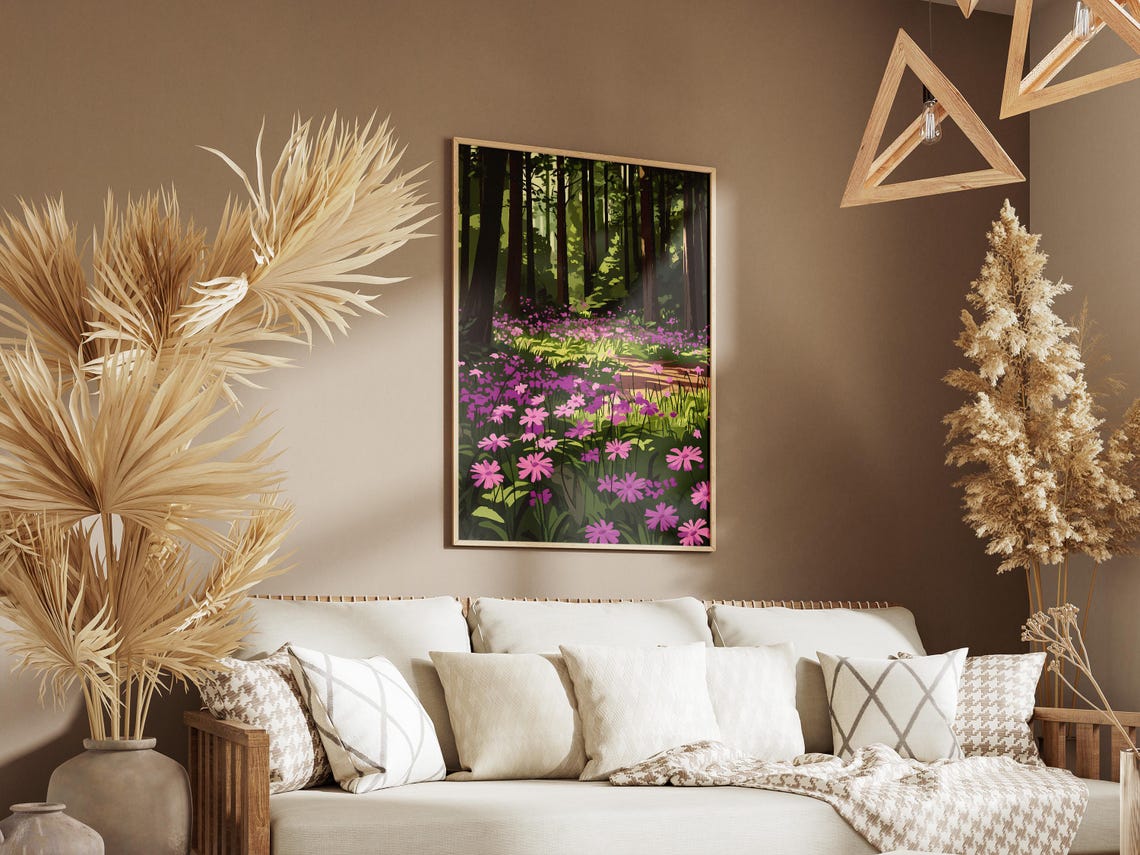 Pink Wildflowers in a Sunlit Pine Forest Clearing Poster in Spring - Image 3