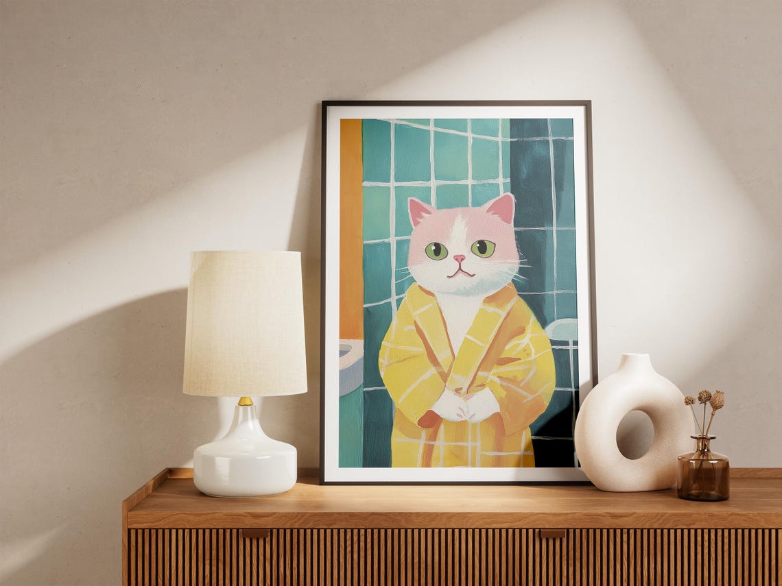 Cute Kitten in Yellow Bathrobe Funny Bathroom Cat Art Humor Poster - Image 4