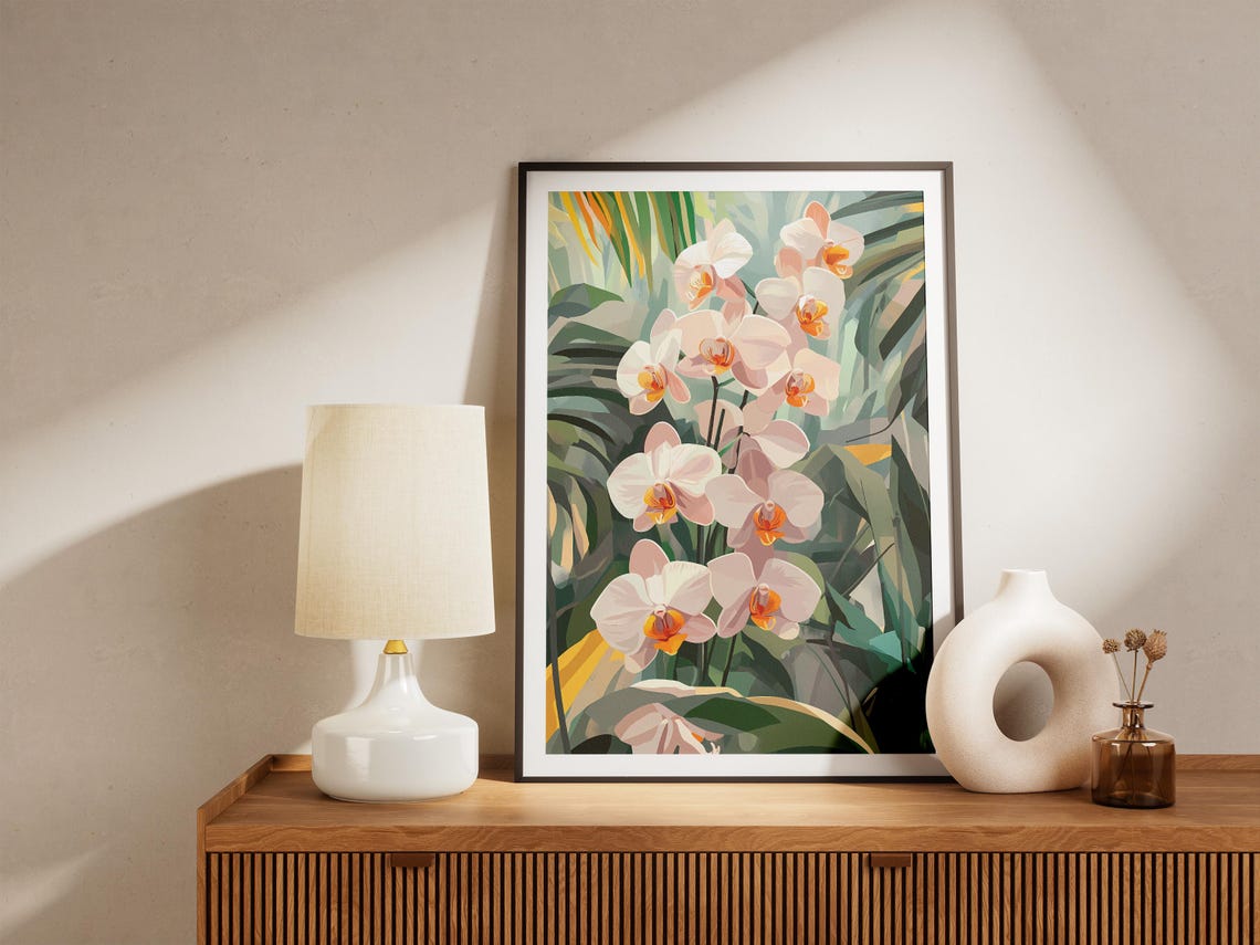 White Phalaenopsis Orchids Among Tropical Leaves Poster Bloom - Image 5
