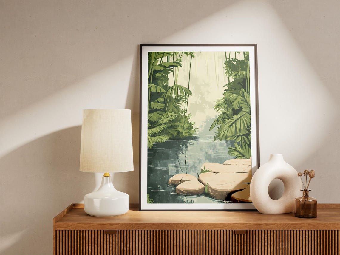 Lush Tropical Jungle Pond With Stone Stepping Stones Nature Poster - Image 5