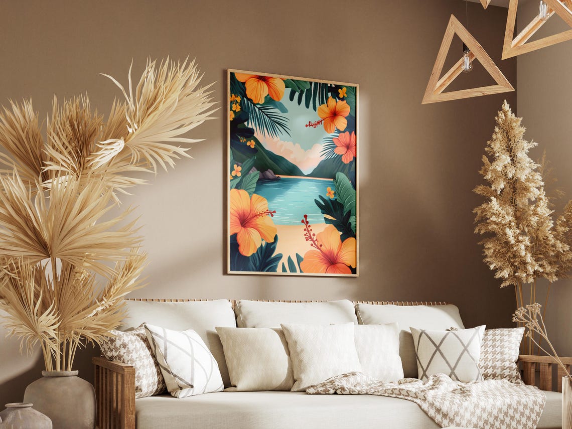 Orange Hibiscus Tropical Beach Ocean View Palm Frame Scenic Poster - Image 3