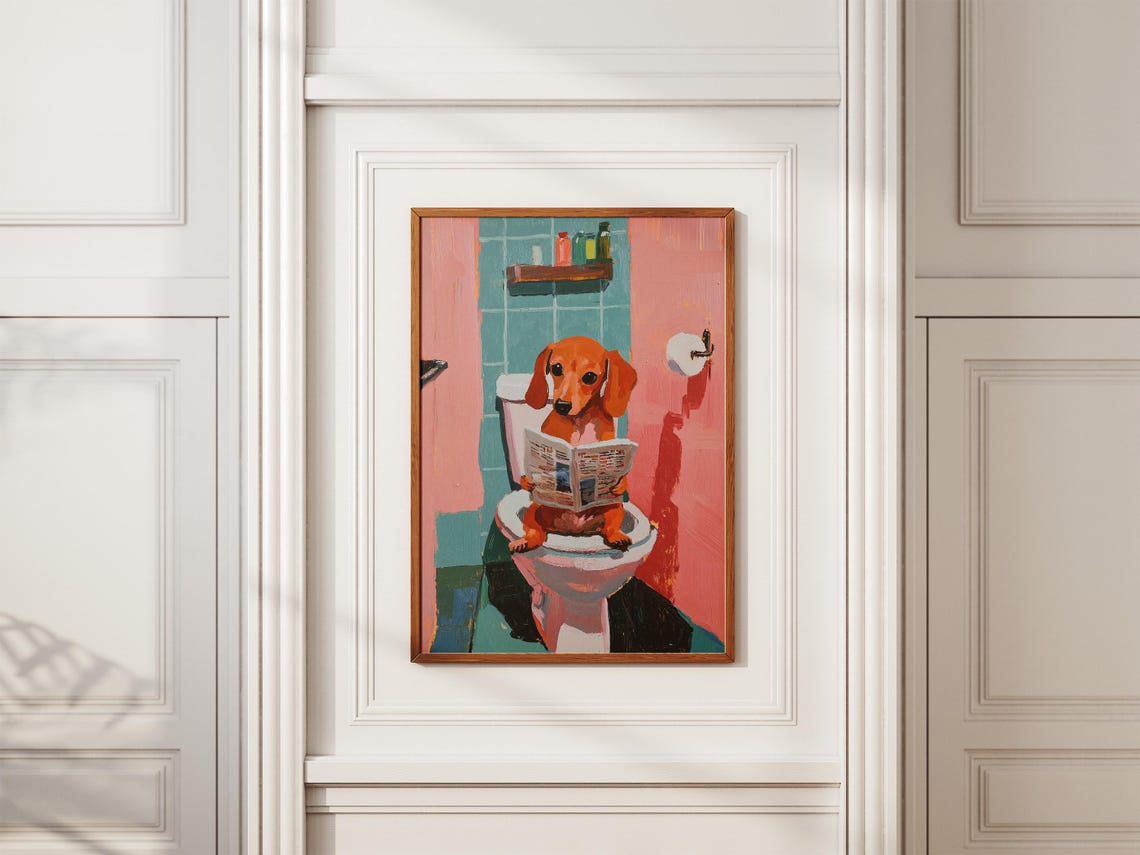 Dachshund Dog Sitting on Toilet Reading Newspaper Funny Poster - Image 2