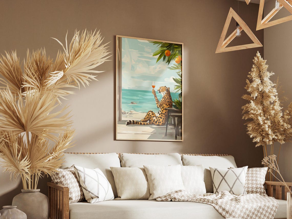 Cheetah Sipping a Cocktail on a Terrace Overlooking the Sea Poster - Image 3