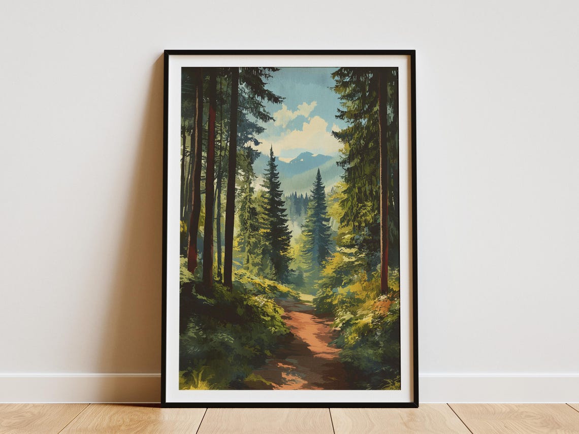 Sunlit Pine Forest Trail With Distant Mountain Peaks Scenic Poster
