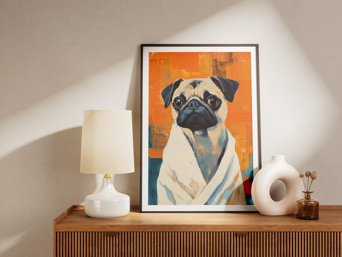 Big Eyed Pug Wrapped in White Towel Bold Orange Pop Art Dog Poster - Image 4