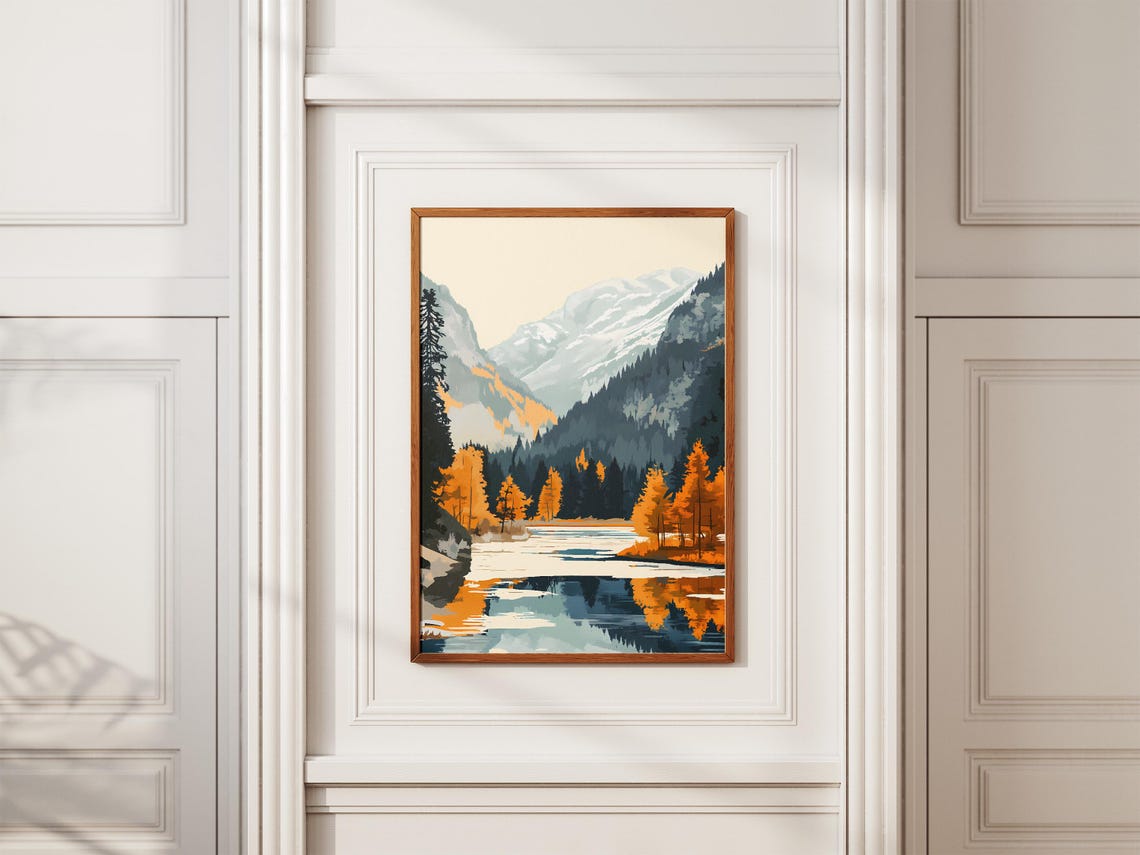 Alpine Mountain Lake Autumn Scene with Golden Larches Art Poster - Image 2