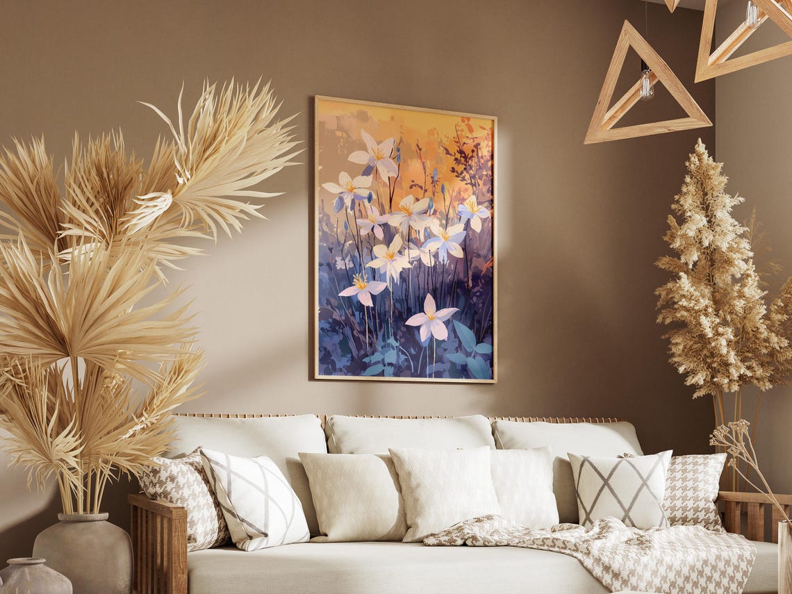 White Columbines Twilight Meadow Dreamy Botanical Flower Poster - Image 3