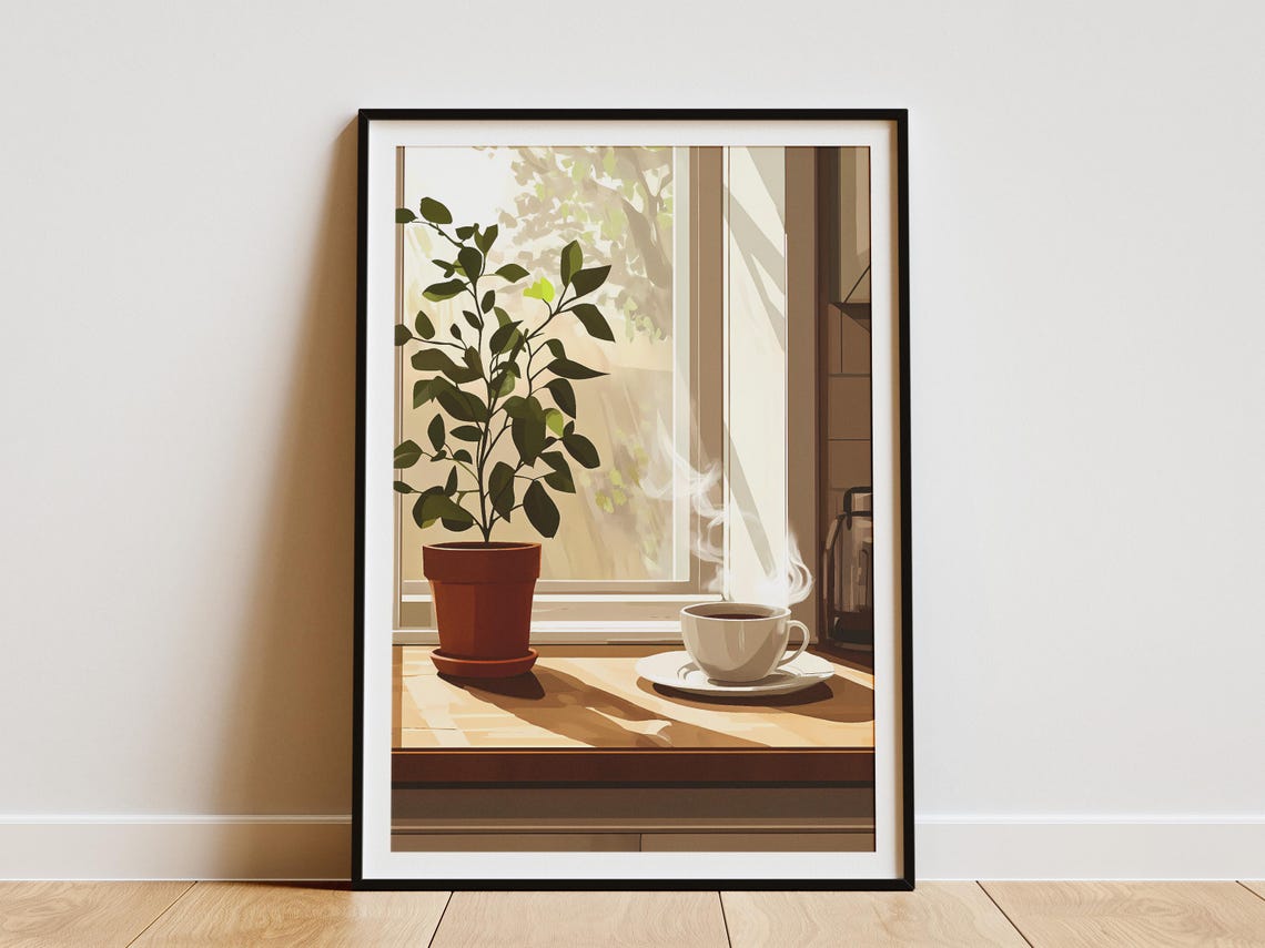 Sunlit Windowsill Ficus And Steaming Coffee Cup Kitchen Poster