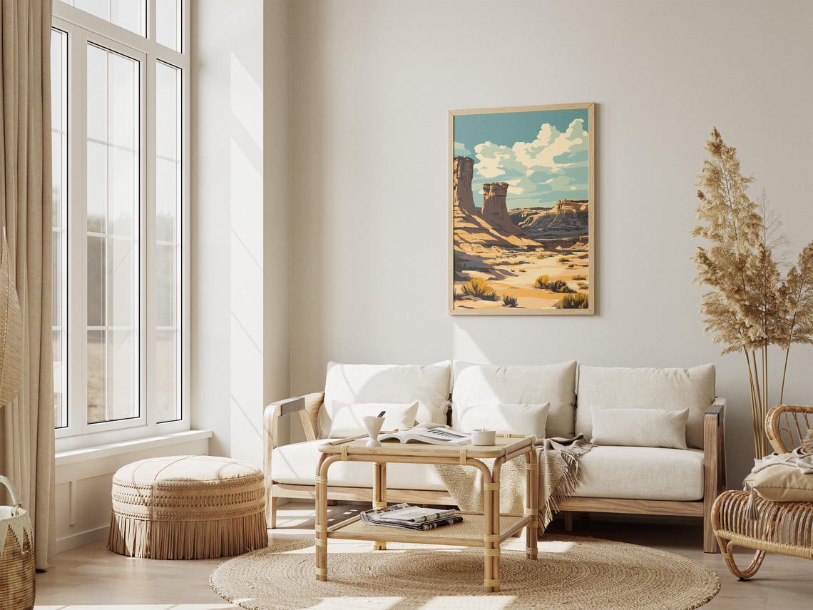 Desert Rock Hoodoos Sandy Plain Scrub Blue Sky Landscape Poster - Image 4
