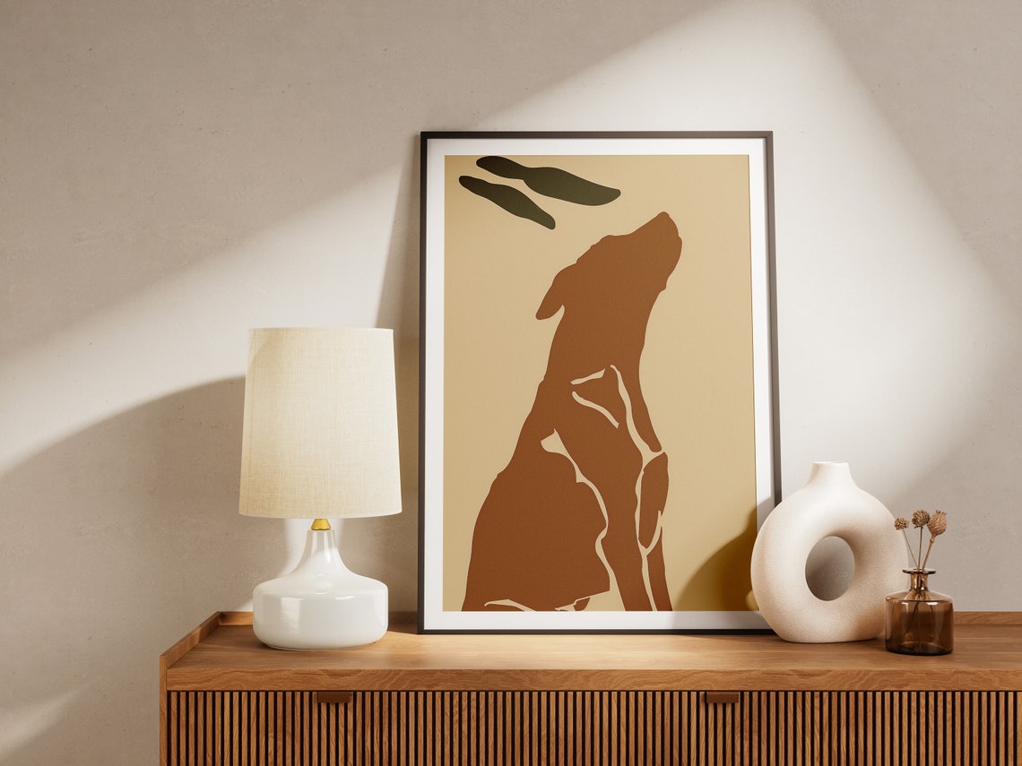 Playful Dog Catching Frisbee Minimalist Tan Silhouette Poster - Image 2