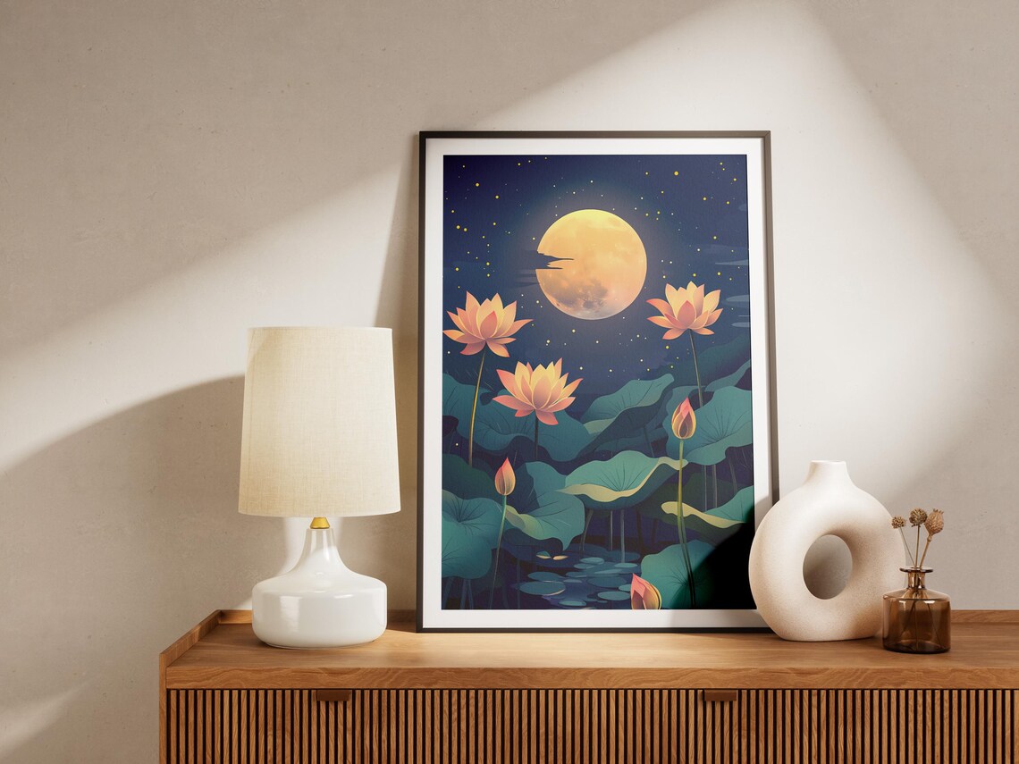 Golden Full Moon Lotus Blossoms Night Pond Asian Zen Art Poster - Image 4