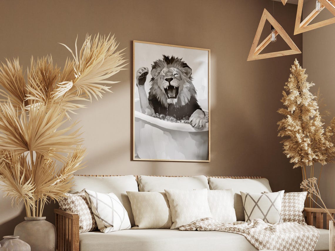 Lion In Bathtub Poster Funny Yawning Lion Bathroom Wall Decor - Image 3