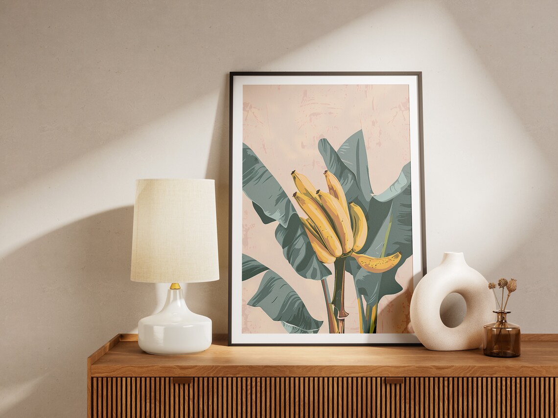 Ripe Banana Fruit Cluster Tropical Leaves Blush Botanical Poster - Image 2