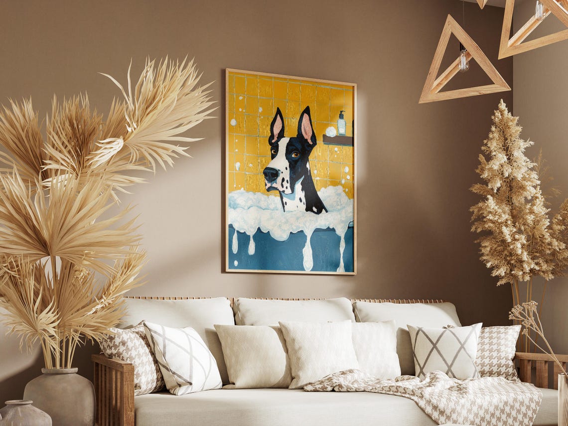 Fun Big Great Dane Bubble Bath Yellow Tile Pop Art Dog Poster - Image 3