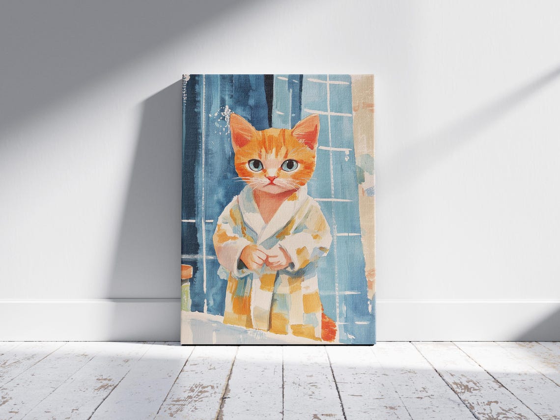 British Shorthair Kitten Art Print Nursery Wall Cat Lover Gift Cute In Bathrobe Poster Bathroom Decor Ginger Tabby - Image 2
