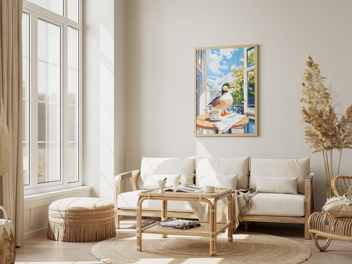 Mallard Duck on Cafe Table by Parisian Balcony Window Poster - Image 3