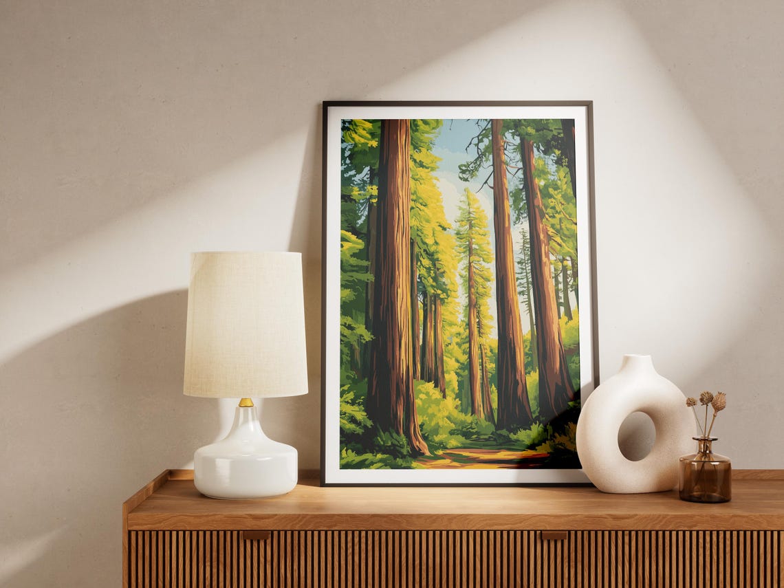 Redwood Forest Giant Tall Trees Sunlit Trail National Park Art Poster - Image 4