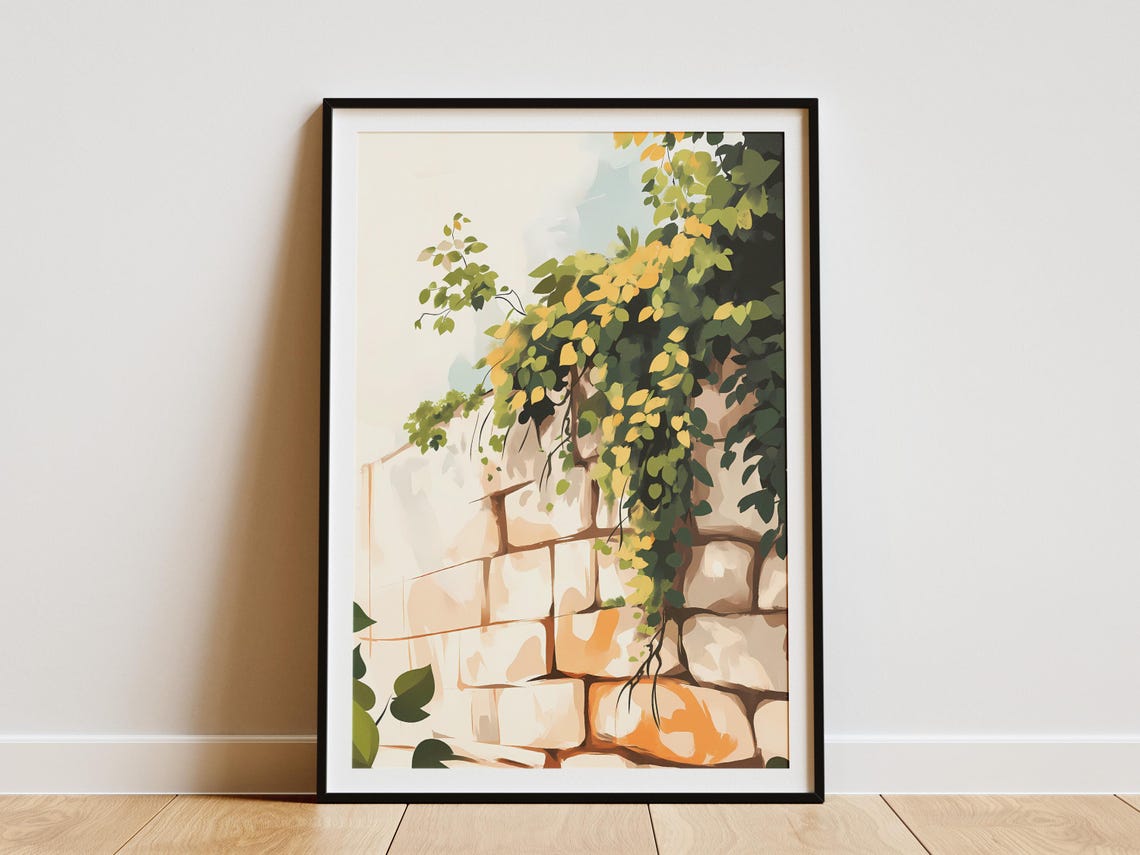 Green Vine Leaves On Old Stone Wall Botanical Nature Art Poster