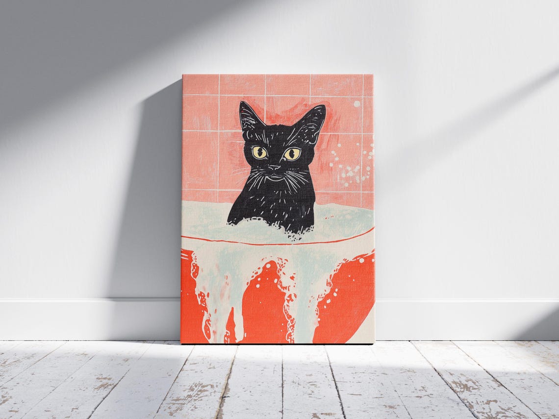 Black Cat Bubble Bath Bold Red Graphic Modern Bathroom Poster - Image 2