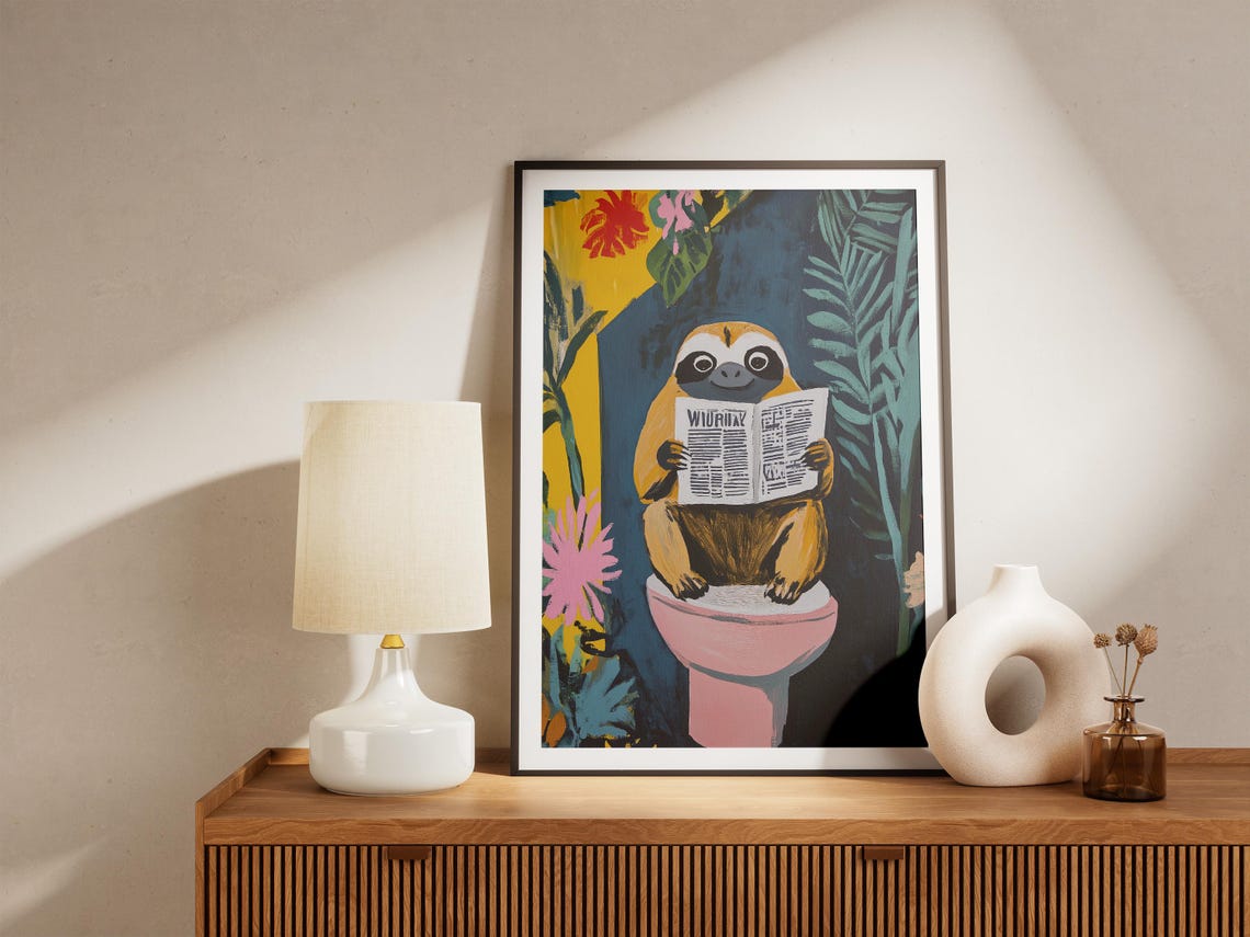 Sloth Reading Newspaper on Toilet Tropical Jungle Leaf Poster - Image 5
