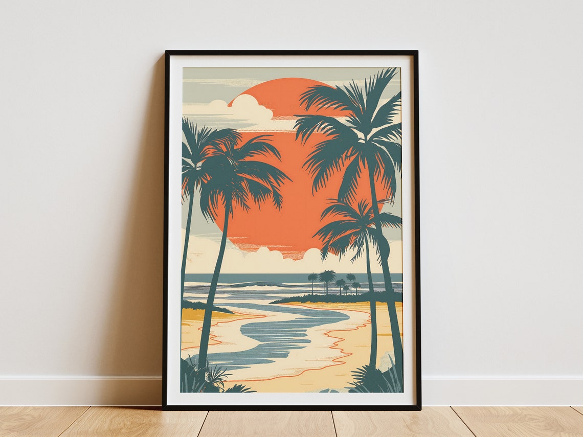 Tall Palm Trees and Giant Coral Sun Retro Beach Sunset Poster