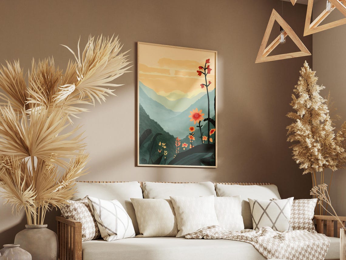 Sikkim Himalayan Misty Mountains Orange Bloom Valley Travel Poster - Image 3