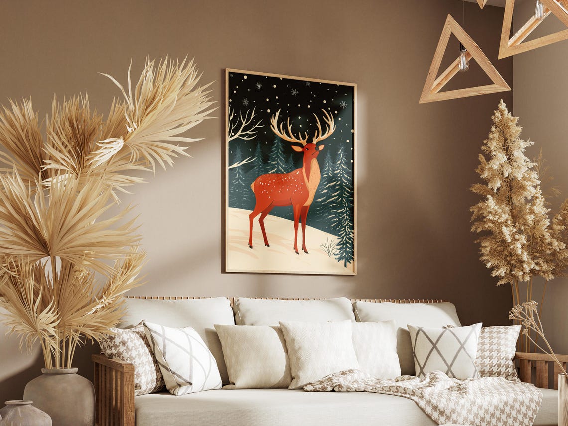 Red Christmas Deer in Snowy Forest Poster with Falling Snowflakes - Image 3