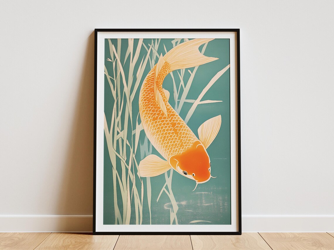 Golden Koi Fish Swimming Teal Water Japanese Style Art Poster