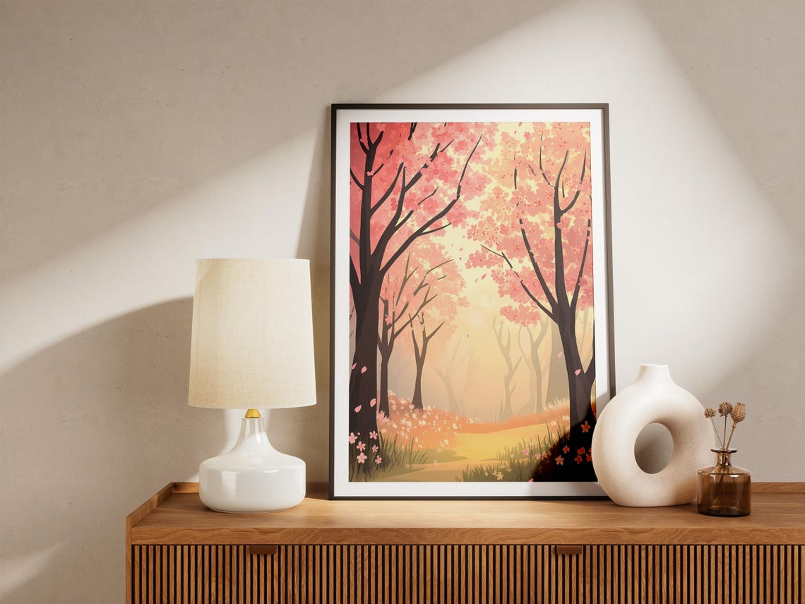Cherry Blossom Forest Path in Golden Light With Petals Art Poster - Image 5