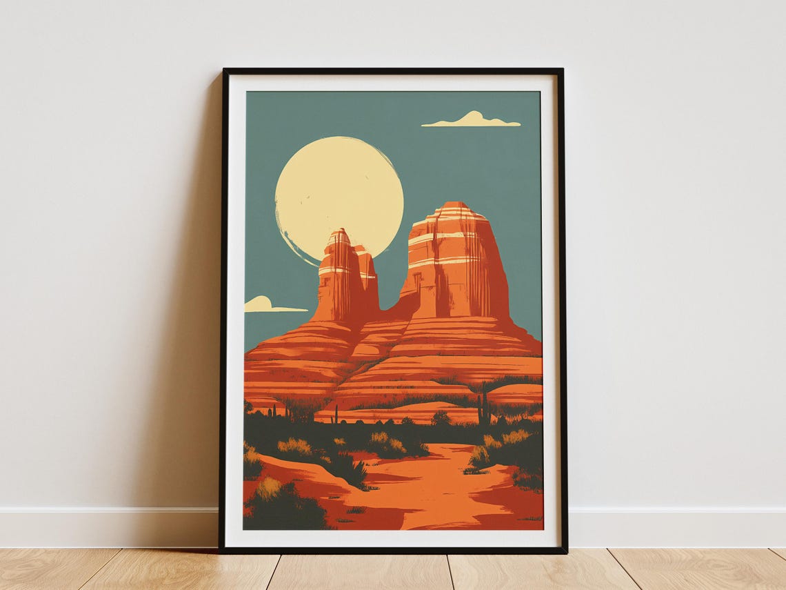 Sedona Arizona Red Rock Buttes Under a Full Moon Desert Travel Poster