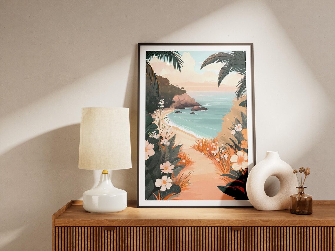 Tropical Beach Path White Flowers Palm Trees Illustration Poster - Image 5