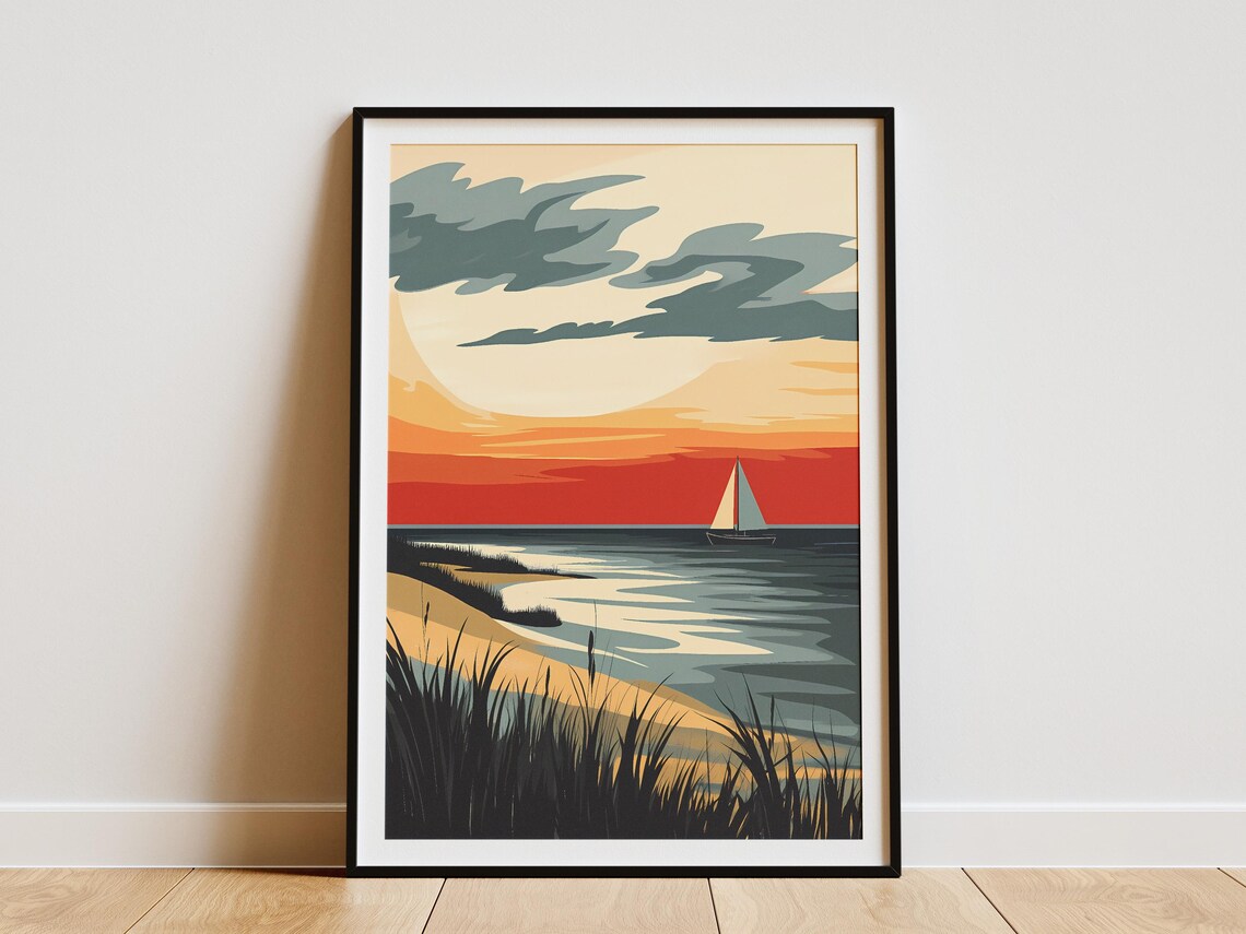 Wadden Sea Sunset Sailboat Grassy Dunes Northern Coastal Travel Poster