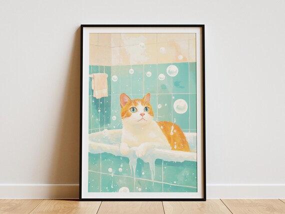 Orange and White Cat in Foamy Bubble Bath Teal Tile Cute Cat Poster