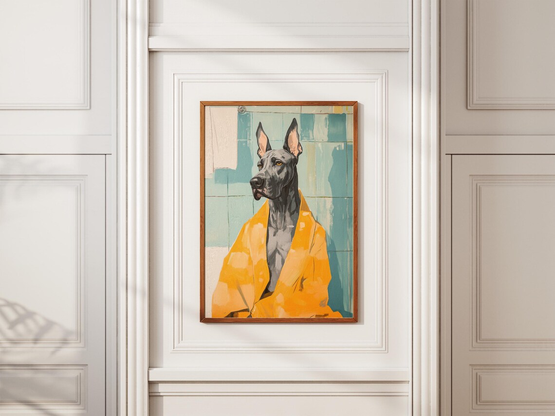 Great Dane Dog in Yellow Bathrobe Funny Cute Bathroom Art Poster - Image 2